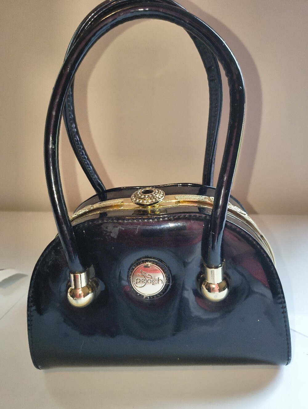 Peach Black Patent Dome Satchel Handbag